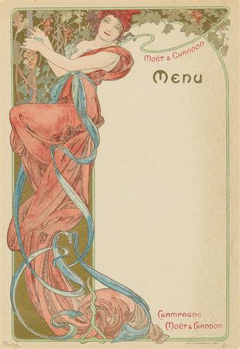 ALPHONSE MUCHA (1860-1939). CHAMPAGNE MOËT & CHANDON. Group of 5 menus. 1899. Each approximately 8x5 inches, 30x15 cm. F. Champenois, P